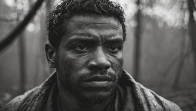 solo,short hair,1boy,closed mouth,monochrome,upper body,greyscale,male focus,dark skin,blurry,blurry background,facial hair,dark-skinned male,portrait,beard,realistic,depth of field,close-up,mustache,manly