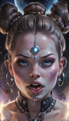 1girl,solo,looking at viewer,open mouth,blue eyes,blonde hair,hair ornament,bare shoulders,jewelry,collarbone,braid,earrings,teeth,choker,tongue,shiny,artist name,tongue out,necklace,hair bun,star (symbol),collar,lips,eyelashes,saliva,double bun,makeup,glowing,facial mark,piercing,moon,lipstick,gem,portrait,star (sky),close-up,forehead,eyeshadow,freckles,hoop earrings,crystal,realistic,nose,eyeliner,space,forehead jewel,planet,mascara,brown hair,forehead mark,tongue piercing,nose piercing,eyebrow piercing