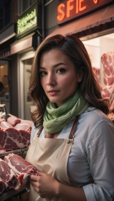 1girl,solo,long hair,breasts,looking at viewer,smile,brown hair,shirt,long sleeves,holding,brown eyes,upper body,outdoors,food,indoors,dark skin,scarf,blurry,apron,dark-skinned female,lips,blurry background,freckles,realistic,nose,meat,shop,green scarf,black hair,parted lips,dirty