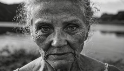 solo,looking at viewer,1boy,jewelry,closed mouth,monochrome,greyscale,male focus,necklace,blurry,blurry background,facial hair,portrait,beard,close-up,realistic,old,old man,afro,outdoors,eyelashes,serious,wrinkled skin