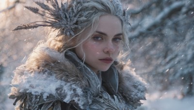 1girl,solo,long hair,looking at viewer,blue eyes,blonde hair,hair ornament,closed mouth,upper body,white hair,outdoors,artist name,armor,blurry,lips,grey eyes,fur trim,depth of field,blurry background,feathers,portrait,snow,freckles,snowing,realistic,nose,winter,wind,fur collar,feather hair ornament