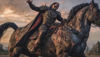 solo,gloves,1boy,male focus,boots,outdoors,sky,black gloves,cloud,cape,armor,blurry,blood,blurry background,animal,helmet,cloudy sky,shoulder armor,pauldrons,breastplate,black cape,armored boots,riding,greaves,horse,horseback riding,reins,saddle,black hair,knight,black armor