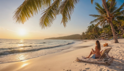 1girl, solo, long hair, brown hair, sitting, swimsuit, bikini, outdoors, sky, shorts, water, from behind, tree, ocean, beach, topless, scenery, sunset, sand, palm tree, sun, horizon, watercraft, wide shot, boat, surfboard, beach chair, hammock