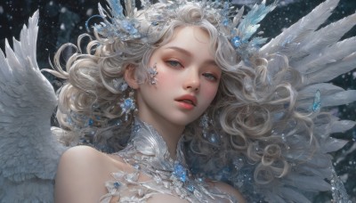 1girl,solo,long hair,looking at viewer,blue eyes,blonde hair,hair ornament,bare shoulders,jewelry,white hair,earrings,parted lips,wings,blurry,lips,grey eyes,floating hair,wavy hair,feathers,crown,gem,portrait,feathered wings,snow,freckles,angel wings,crystal,realistic,white wings,angel,red lips,upper body,grey hair,teeth,tiara,snowing,nose,snowflakes