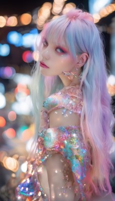 1girl,solo,long hair,looking at viewer,bangs,blue eyes,jewelry,closed mouth,blue hair,upper body,pink hair,white hair,multicolored hair,earrings,blurry,from side,lips,grey eyes,eyelashes,gradient hair,makeup,depth of field,blurry background,lipstick,eyeshadow,realistic,nose,red lips,eyeliner,bokeh,mascara,dress,bare shoulders,looking to the side,sparkle,gem,pink lips