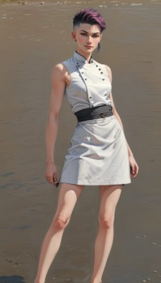 1girl,solo,breasts,looking at viewer,smile,short hair,black hair,dress,bare shoulders,brown eyes,closed mouth,standing,full body,pink hair,purple hair,multicolored hair,small breasts,barefoot,sleeveless,belt,water,white dress,lips,wet,bare arms,buttons,sleeveless dress,beach,black nails,realistic,sand,arms at sides,double-breasted,undercut,jewelry,medium breasts,earrings,shoes,artist name,mole,two-tone hair,fingernails,legs,mole under eye,bare legs,makeup,shadow,scar,short dress,sandals,lipstick,scar on face,black belt,nose,scar across eye,collared dress,red lips,very short hair,dirty feet