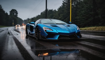 outdoors,sky,cloud,tree,no humans,ground vehicle,scenery,motor vehicle,reflection,car,road,vehicle focus,lamppost,street,sports car,nature,forest,realistic,photo background,wheel