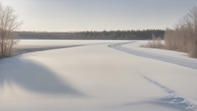 HQ,outdoors,sky,day,water,tree,no humans,shadow,beach,nature,scenery,snow,forest,mountain,road,winter,bare tree,landscape,footprints,cloud,blurry,grass,reflection,lake,fog,shore