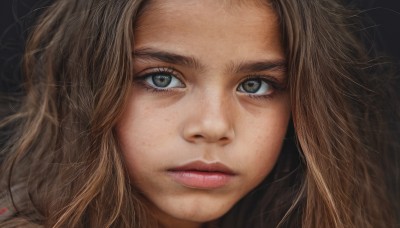 1girl,solo,long hair,looking at viewer,blonde hair,brown hair,brown eyes,parted lips,teeth,lips,grey eyes,eyelashes,portrait,close-up,freckles,realistic,nose,closed mouth,artist name,signature,serious