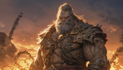 solo,long hair,looking at viewer,1boy,closed mouth,upper body,white hair,male focus,outdoors,sky,cloud,armor,muscular,facial hair,chain,bird,scar,abs,cloudy sky,pectorals,muscular male,shoulder armor,building,bara,beard,scar on face,large pectorals,veins,pauldrons,sunset,mature male,mustache,scar across eye,manly,bare pectorals,old,old man,scar on chest,scar on arm,wrinkled skin,closed eyes,smoke,orange sky,embers