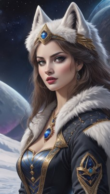 1girl,solo,long hair,breasts,looking at viewer,brown hair,hat,animal ears,cleavage,brown eyes,jewelry,medium breasts,jacket,upper body,earrings,outdoors,parted lips,sky,artist name,signature,necklace,lips,coat,fur trim,fox ears,eyelashes,makeup,night,lipstick,gem,star (sky),night sky,snow,eyeshadow,starry sky,nose,red lips,hood,wolf ears,realistic,space,planet