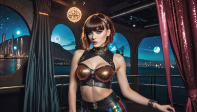 1girl,solo,breasts,looking at viewer,short hair,bangs,blue eyes,brown hair,hair ornament,cleavage,bare shoulders,jewelry,medium breasts,upper body,hairband,sky,midriff,belt,indoors,blunt bangs,star (symbol),mole,bracelet,lips,clothing cutout,window,makeup,night,moon,cleavage cutout,curtains,star (sky),night sky,starry sky,science fiction,nose,planet,bustier,spacecraft,fantasy,railing