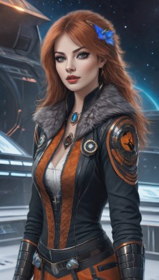 1girl,solo,long hair,breasts,looking at viewer,brown hair,hair ornament,cleavage,brown eyes,jewelry,medium breasts,green eyes,jacket,flower,earrings,parted lips,sky,belt,hair flower,necklace,lips,fur trim,makeup,night,robot,lipstick,star (sky),night sky,mecha,pendant,zipper,starry sky,freckles,science fiction,realistic,nose,butterfly hair ornament,red lips,space,bangs,shirt,upper body,open clothes,parted bangs,glowing,bug,emblem,badge