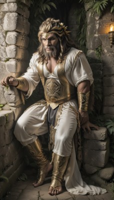 solo,long hair,looking at viewer,brown hair,1boy,jewelry,sitting,full body,weapon,male focus,barefoot,sword,armor,tree,muscular,toes,facial hair,leaf,sandals,pectorals,plant,muscular male,beard,circlet,mature male,realistic,mustache,vambraces,candle,bracer,manly,vines,brick wall,laurel crown,shin guards,bracelet,crown