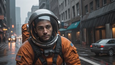 solo,looking at viewer,black hair,1boy,brown eyes,closed mouth,upper body,male focus,outdoors,blurry,depth of field,blurry background,facial hair,helmet,ground vehicle,building,motor vehicle,reflection,science fiction,rain,city,realistic,car,road,street,american flag,spacesuit,japanese flag,united states,astronaut,brown hair,bag,lips,backpack,space helmet