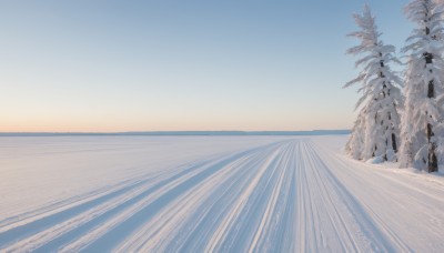 standing,outdoors,wings,sky,day,water,tree,blue sky,no humans,ocean,beach,scenery,sand,horizon,multiple others,waves,ambiguous gender,shore,long sleeves,hat,multiple boys,coat,fur trim,plant,nature,snow,sunset,sun,winter,bare tree,gradient sky,sunrise,footprints