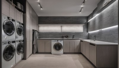 monochrome,greyscale,indoors,no humans,window,scenery,door,tiles,light,tile floor,bathroom,tile wall,kitchen,ceiling,sink,ceiling light,cabinet,washing machine,wooden floor,floor,speaker,stove,laundry