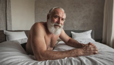 solo,looking at viewer,1boy,white hair,male focus,lying,indoors,pillow,bed,muscular,bed sheet,facial hair,on bed,on stomach,beard,topless male,mature male,realistic,mustache,old,chest hair,old man,arm hair,wrinkled skin,nipples,upper body,scar,parody,own hands together,manly,under covers