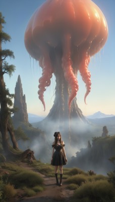 1girl,solo,long hair,breasts,skirt,brown hair,black hair,dress,standing,short sleeves,outdoors,sky,day,socks,hair bun,black footwear,black dress,tree,animal,grass,scenery,tentacles,monster,mountain,creature,hat,boots,blue sky,kneehighs,sunlight,black socks