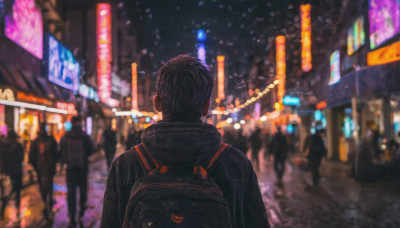 short hair, black hair, 1boy, jacket, upper body, male focus, outdoors, solo focus, hood, bag, from behind, blurry, night, depth of field, blurry background, backpack, city, sign, road, street, crowd, neon lights