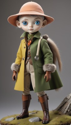 solo,looking at viewer,blue eyes,simple background,brown hair,gloves,long sleeves,1boy,hat,closed mouth,standing,full body,grey hair,male focus,boots,belt,pants,grey background,coat,fur trim,brown footwear,grass,brown gloves,rock,male child,green coat,bag,child,leather