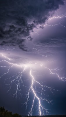 solo,monochrome,outdoors,sky,cloud,tree,no humans,cloudy sky,nature,scenery,forest,electricity,purple theme,lightning,landscape,night,dark