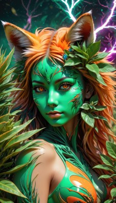 1girl,solo,long hair,breasts,looking at viewer,hair ornament,animal ears,bare shoulders,jewelry,medium breasts,closed mouth,upper body,flower,earrings,artist name,hair flower,orange hair,lips,orange eyes,animal ear fluff,fox ears,eyelashes,makeup,glowing,colored skin,leaf,facial mark,plant,slit pupils,nose,green skin,bangs,dress,sleeveless,blurry,tree,watermark,lipstick,nature,web address,light particles,extra ears,eyeshadow,freckles,realistic,branch,eyeliner,vines