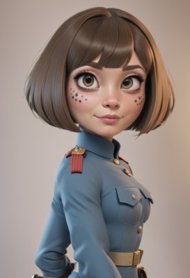 1girl,solo,breasts,looking at viewer,smile,short hair,bangs,simple background,brown hair,long sleeves,brown eyes,closed mouth,upper body,small breasts,belt,uniform,from side,lips,military,eyelashes,military uniform,buttons,arms behind back,bob cut,thick eyebrows,freckles,brown background,epaulettes,pocket,pouch,nose,brown belt,breast pocket,badge,jacket,weapon,artist name,gradient,gun,gradient background,makeup,blue jacket,facepaint