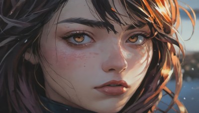 1girl,solo,long hair,looking at viewer,bangs,brown hair,black hair,brown eyes,outdoors,parted lips,blurry,lips,eyelashes,makeup,depth of field,blurry background,portrait,snow,close-up,freckles,snowing,nose,red lips,closed mouth,day,sunlight,thick eyebrows,wind,realistic