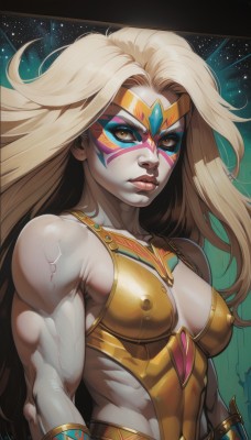 1girl,solo,long hair,breasts,looking at viewer,blonde hair,bare shoulders,brown eyes,jewelry,medium breasts,closed mouth,collarbone,yellow eyes,upper body,artist name,signature,armor,covered nipples,lips,makeup,muscular,facial mark,abs,star (sky),eyeshadow,veins,nose,muscular female,bracer,facepaint,biceps,small breasts,parted lips,shiny,orange eyes,see-through,eyelashes,mask,skin tight,starry sky,toned,impossible clothes,bodypaint,domino mask,veiny breasts