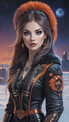 1girl,solo,long hair,breasts,looking at viewer,brown hair,black hair,hat,cleavage,brown eyes,jewelry,medium breasts,yellow eyes,upper body,earrings,outdoors,parted lips,sky,belt,signature,necklace,lips,fur trim,eyelashes,makeup,night,moon,lipstick,gem,star (sky),night sky,snow,full moon,pendant,starry sky,nose,red lips,planet,fur hat,jacket,hood,black jacket,bodysuit,building,forehead,eyeshadow,backlighting,realistic,eyeliner,mascara