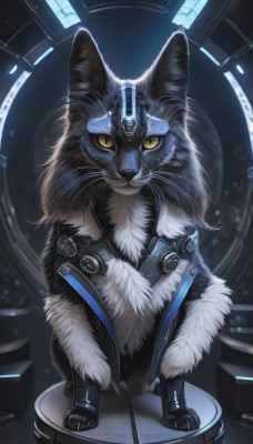 solo,looking at viewer,standing,full body,yellow eyes,no humans,animal,cat,robot,slit pupils,science fiction,animal focus,whiskers,non-humanoid robot,sitting,signature,fur trim,colored sclera,realistic