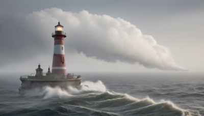 outdoors,sky,cloud,water,military,no humans,ocean,scenery,turret,aircraft,military vehicle,watercraft,vehicle focus,ship,waves,smokestack,world war ii,warship,cloudy sky,mountain,tower,fog,lighthouse