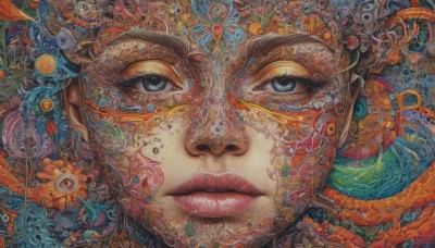 1girl,solo,looking at viewer,blue eyes,brown hair,flower,parted lips,lips,eyelashes,portrait,close-up,realistic,nose,colorful,orange flower,surreal,abstract,eye focus,short hair,traditional media,piercing,painting (medium)