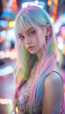 1girl,solo,long hair,breasts,looking at viewer,bangs,blue eyes,blonde hair,bare shoulders,jewelry,closed mouth,blue hair,upper body,pink hair,multicolored hair,earrings,sleeveless,necklace,mole,blurry,from side,two-tone hair,lips,grey eyes,mole under eye,gradient hair,makeup,depth of field,blurry background,piercing,ear piercing,freckles,realistic,nose,white hair,green hair,artist name,eyelashes,watermark,bokeh,mascara