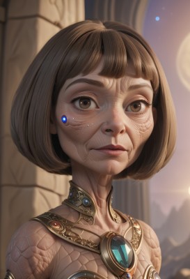 1girl,solo,breasts,looking at viewer,short hair,bangs,brown hair,brown eyes,jewelry,closed mouth,upper body,blunt bangs,blurry,lips,blurry background,bob cut,gem,portrait,science fiction,realistic,nose,collarbone,sky,artist name,eyelashes,facepaint