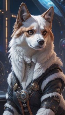 solo,looking at viewer,brown eyes,jewelry,jacket,upper body,belt,artist name,signature,fur trim,no humans,animal,furry,colored sclera,dog,space,animal focus,white fur,planet,earth (planet),clothed animal,fluffy,realistic,fantasy