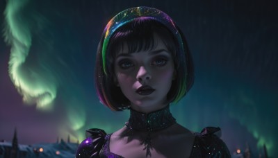 1girl,solo,looking at viewer,short hair,bangs,blue eyes,black hair,dress,hairband,outdoors,parted lips,sky,choker,star (symbol),blurry,black eyes,lips,eyelashes,makeup,night,depth of field,blurry background,bob cut,portrait,star (sky),night sky,realistic,nose,fantasy,aurora,smile,open mouth,upper body,teeth,tree