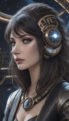 1girl,solo,long hair,breasts,looking at viewer,bangs,brown hair,black hair,cleavage,brown eyes,jewelry,medium breasts,green eyes,upper body,parted lips,necklace,bra,lips,eyelashes,makeup,headphones,lipstick,portrait,freckles,science fiction,realistic,nose,red lips,teeth,artist name,signature,blurry,from side,looking to the side,headgear,watermark,black bra,gem,light particles,pendant,eyeshadow,pink lips,eyeliner