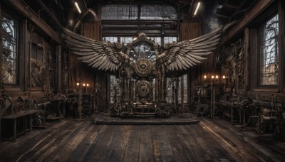 wings,day,indoors,no humans,window,chair,table,sunlight,scenery,couch,wooden floor,stairs,clock,lamp,candle,gears,ceiling,carpet,candlestand,rug,chandelier,globe,steampunk,plant,feathered wings,fantasy,wooden chair