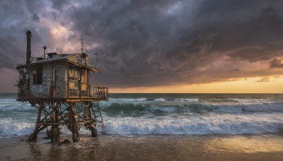 outdoors,sky,cloud,water,no humans,ocean,beach,cloudy sky,scenery,sunset,sand,horizon,watercraft,ship,waves,smokestack,shore,ladder,military,sunlight,turret,evening