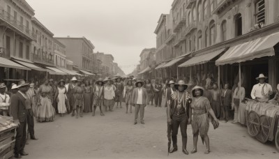 multiple girls,hat,dress,monochrome,weapon,greyscale,outdoors,japanese clothes,multiple boys,uniform,gun,6+girls,formal,suit,ground vehicle,building,motor vehicle,6+boys,city,car,road,police,street,cane,crowd,necktie,mask,sandals,scenery,walking,mouth mask,architecture,old,east asian architecture,sepia