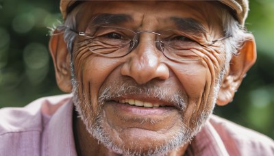 solo,looking at viewer,smile,shirt,1boy,white hair,grey hair,male focus,parted lips,glasses,teeth,grin,blurry,depth of field,blurry background,facial hair,portrait,beard,close-up,realistic,round eyewear,mustache,labcoat,old,old man,wrinkled skin,open mouth,hat,artist name,signature,lips,thick eyebrows,nose,manly