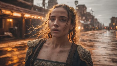 1girl,solo,long hair,looking at viewer,brown hair,black hair,hair ornament,brown eyes,collarbone,upper body,outdoors,parted lips,armor,mole,blurry,lips,mole under eye,depth of field,blurry background,wind,shoulder armor,building,portrait,forehead,freckles,realistic,teeth,sunlight,backlighting,pauldrons,grey sky