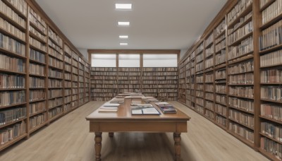 indoors,book,no humans,window,chair,table,scenery,wooden floor,bookshelf,shelf,book stack,library,ladder,desk,paper,open book,realistic,reflective floor