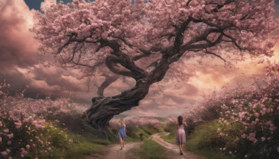 long hair, multiple girls, blonde hair, black hair, dress, 2girls, flower, outdoors, sky, cloud, tree, grass, cherry blossoms, scenery, road, path