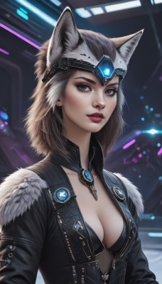 1girl,solo,breasts,looking at viewer,short hair,brown hair,animal ears,cleavage,brown eyes,jewelry,medium breasts,underwear,collarbone,jacket,upper body,white hair,multicolored hair,earrings,parted lips,open clothes,artist name,signature,medium hair,bra,mole,blurry,open jacket,lips,black jacket,grey eyes,fur trim,fox ears,eyelashes,mole under eye,makeup,blurry background,lipstick,brooch,black bra,gem,eyeshadow,zipper,fur collar,realistic,nose,unzipped,red lips,freckles,headpiece