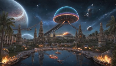 outdoors,sky,cloud,water,tree,no humans,night,ocean,beach,moon,fire,building,star (sky),night sky,scenery,starry sky,science fiction,city,aircraft,fantasy,palm tree,horizon,cityscape,space,watercraft,planet,lamppost,tower,boat,spacecraft,city lights,island,airship,smoke,flying,bridge