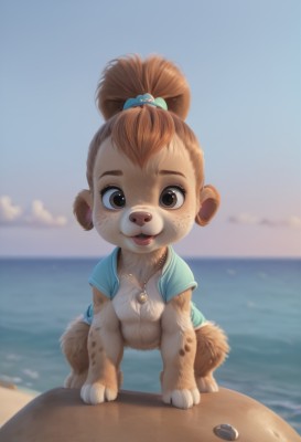 1girl,solo,looking at viewer,smile,short hair,open mouth,brown hair,shirt,hair ornament,animal ears,brown eyes,jewelry,tail,full body,ponytail,short sleeves,outdoors,open clothes,sky,teeth,day,artist name,cloud,water,necklace,blurry,flat chest,blue sky,depth of field,blurry background,ocean,animal,beach,happy,blue shirt,child,furry,freckles,animal hands,hair tie,sand,furry female,horizon,female child,body fur,shell,animal nose,topknot,snout,brown fur,seashell,buck teeth,vest,watermark,web address,realistic,blue vest,open vest,log