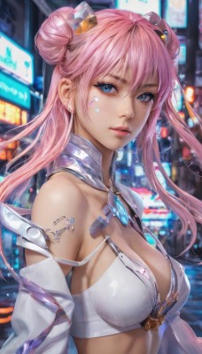 1girl,solo,long hair,breasts,looking at viewer,bangs,blue eyes,large breasts,hair ornament,cleavage,bare shoulders,twintails,jewelry,medium breasts,underwear,upper body,pink hair,earrings,parted lips,shiny,hair bun,bra,blurry,lips,double bun,tattoo,blurry background,freckles,white bra,realistic,hair between eyes,closed mouth,swimsuit,sidelocks,bikini,outdoors,artist name,eyelashes,night,facial mark,piercing,city,city lights,cyberpunk